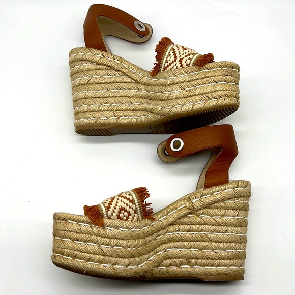 Palomitas Shoes - Palomitas by Paloma Barcelo Leather & Cloth Fringe Espadrille Platform Heels 36